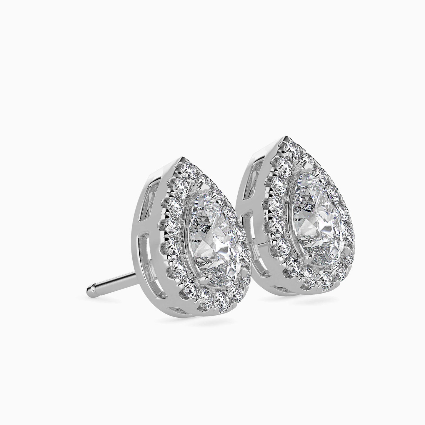 2 CT Lab Grown Pear Halo Sidestone Diamond Studs (1 CT Each) in 14K Gold, IGI Certified