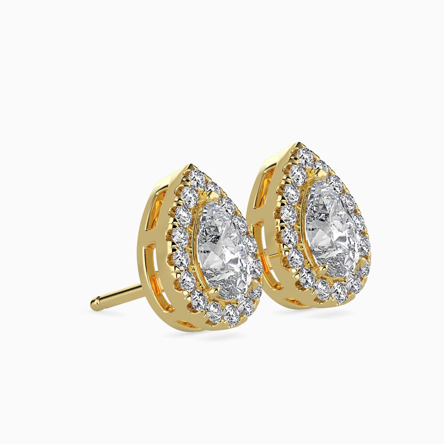 1 CT Lab Grown Pear Cut Diamond Halo Studs (0.50 CT Each) in 14K Gold, IGI Certified