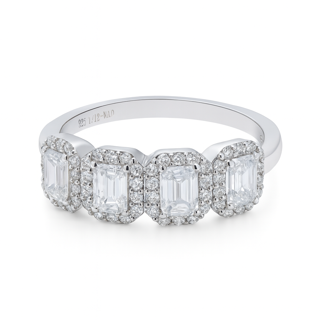 1.12 CT, VS1 IGI Certified Lab Grown Emerald Cut Diamond Halo Ring in 92.5 Silver with Palladium (Silvadium) -Hallmarked | Sustainable Diamond Band By New Age Diamonds