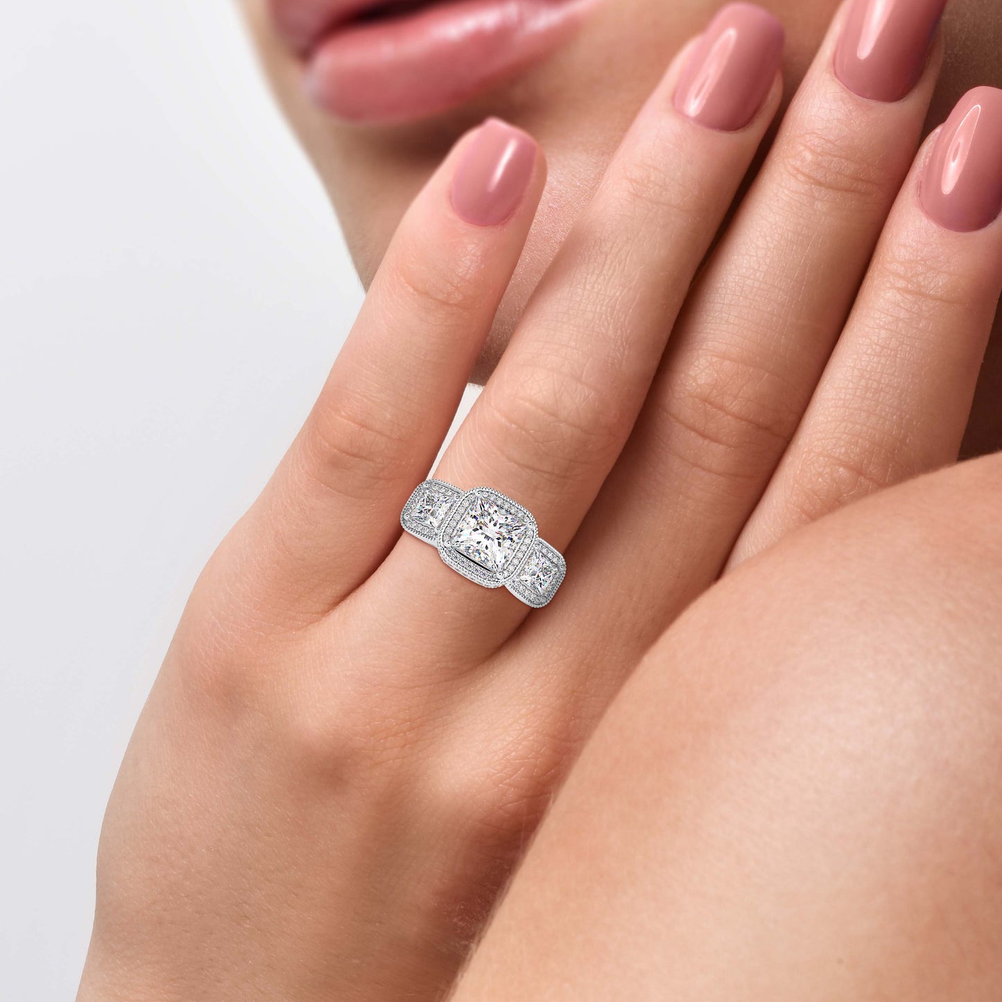 Lab Grown Diamonds with 2 CT Center, 1 CT Side Stones Each & 0.44 CT Accents(4.44 CT) Princess Cut Three Stone Halo Engagement Ring in 14KT Yellow Gold, IGI Certified & Customizable