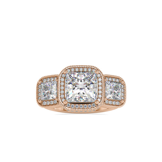 Lab Grown Diamonds with 2 CT Center, 1 CT Side Stones Each & 0.44 CT Accents(4.44 CT) Princess Cut Three Stone Halo Engagement Ring in 14KT Yellow Gold, IGI Certified & Customizable