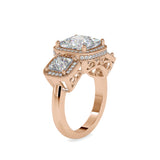 Lab Grown Diamonds with 2 CT Center, 1 CT Side Stones Each & 0.44 CT Accents(4.44 CT) Princess Cut Three Stone Halo Engagement Ring in 14KT Yellow Gold, IGI Certified & Customizable