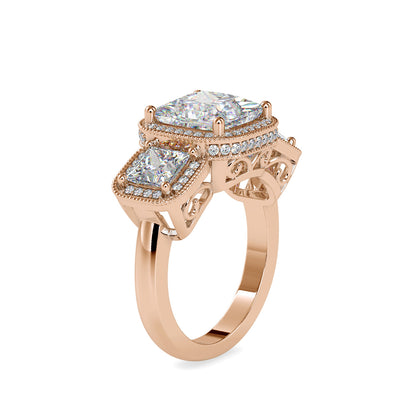 Lab Grown Diamonds with 2 CT Center, 1 CT Side Stones Each & 0.44 CT Accents(4.44 CT) Princess Cut Three Stone Halo Engagement Ring in 14KT Yellow Gold, IGI Certified & Customizable