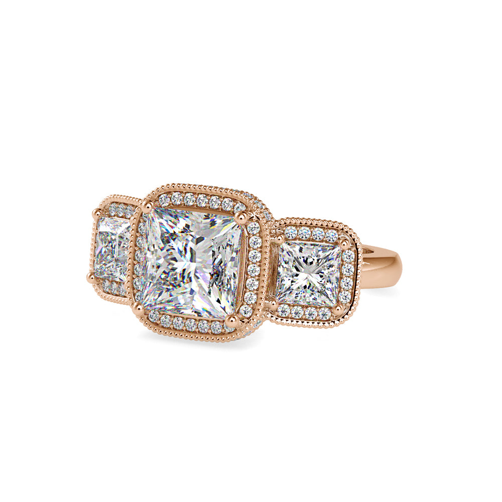 Lab Grown Diamonds with 2 CT Center, 1 CT Side Stones Each & 0.44 CT Accents(4.44 CT) Princess Cut Three Stone Halo Engagement Ring in 14KT Yellow Gold, IGI Certified & Customizable
