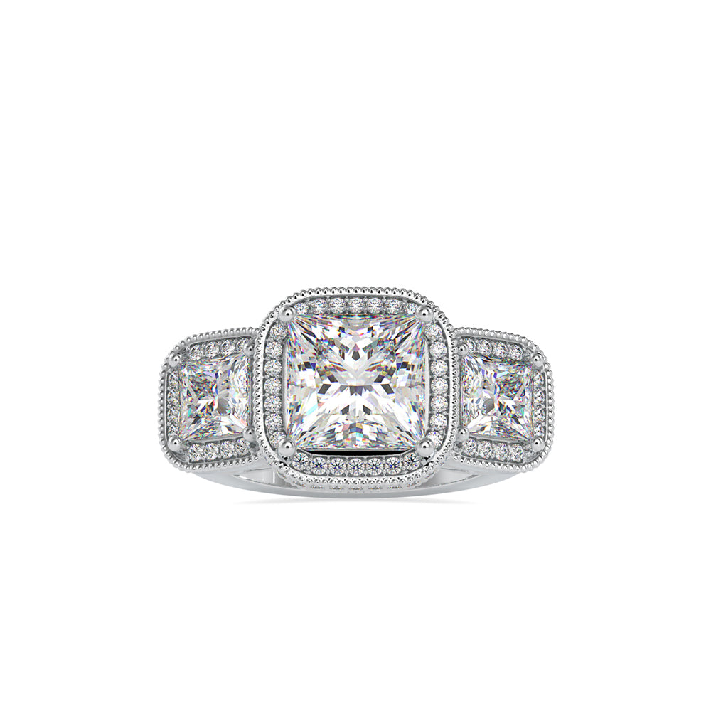 Lab Grown Diamonds with 2 CT Center, 1 CT Side Stones Each & 0.44 CT Accents(4.44 CT) Princess Cut Three Stone Halo Engagement Ring in 14KT Yellow Gold, IGI Certified & Customizable