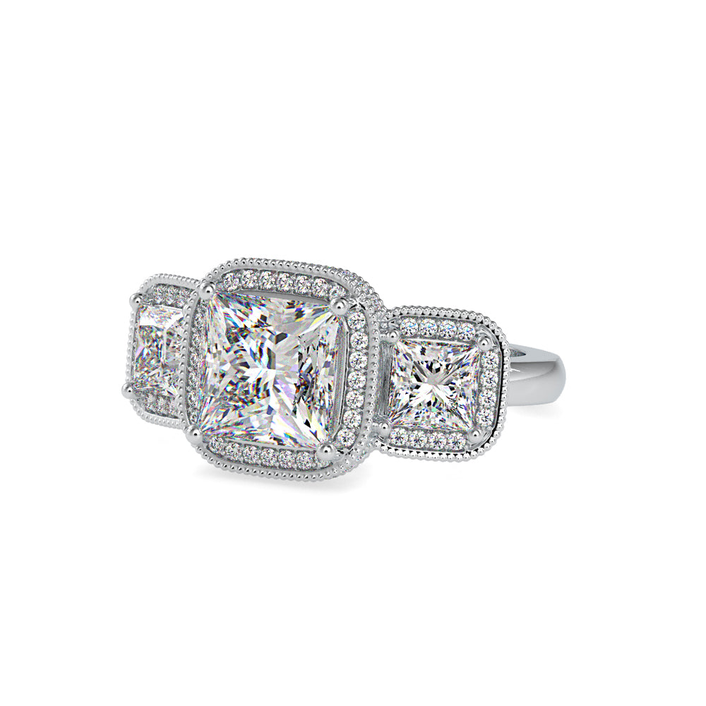 Lab Grown Diamonds with 2 CT Center, 1 CT Side Stones Each & 0.44 CT Accents(4.44 CT) Princess Cut Three Stone Halo Engagement Ring in 14KT Yellow Gold, IGI Certified & Customizable