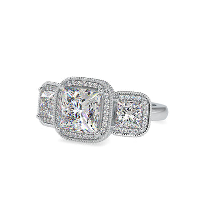 Lab Grown Diamonds with 2 CT Center, 1 CT Side Stones Each & 0.44 CT Accents(4.44 CT) Princess Cut Three Stone Halo Engagement Ring in 14KT Yellow Gold, IGI Certified & Customizable