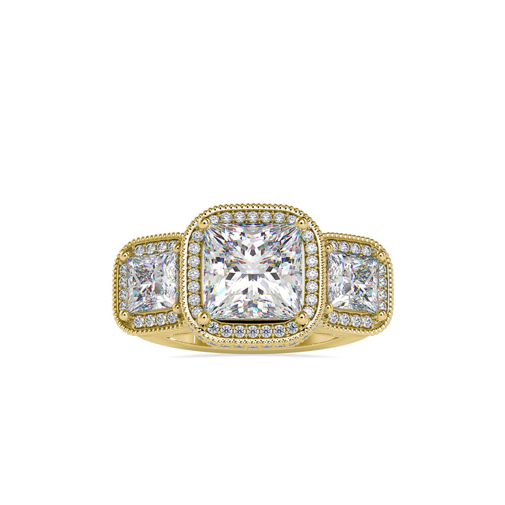 Lab Grown Diamonds with 2 CT Center, 1 CT Side Stones Each & 0.44 CT Accents(4.44 CT) Princess Cut Three Stone Halo Engagement Ring in 14KT Yellow Gold, IGI Certified & Customizable