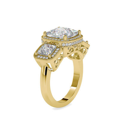 Lab Grown Diamonds with 2 CT Center, 1 CT Side Stones Each & 0.44 CT Accents(4.44 CT) Princess Cut Three Stone Halo Engagement Ring in 14KT Yellow Gold, IGI Certified & Customizable