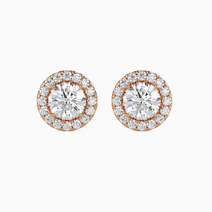 2 CT Round Cut Diamond Halo Stud Earrings (1CT Each) in 14K Gold, IGI Certified