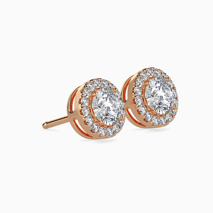 2 CT Round Cut Diamond Halo Stud Earrings (1CT Each) in 14K Gold, IGI Certified