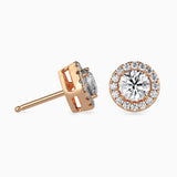 1 CT Round Cut Diamond Halo Stud Earrings (0.50 CT Each) in 14K Gold, IGI Certified