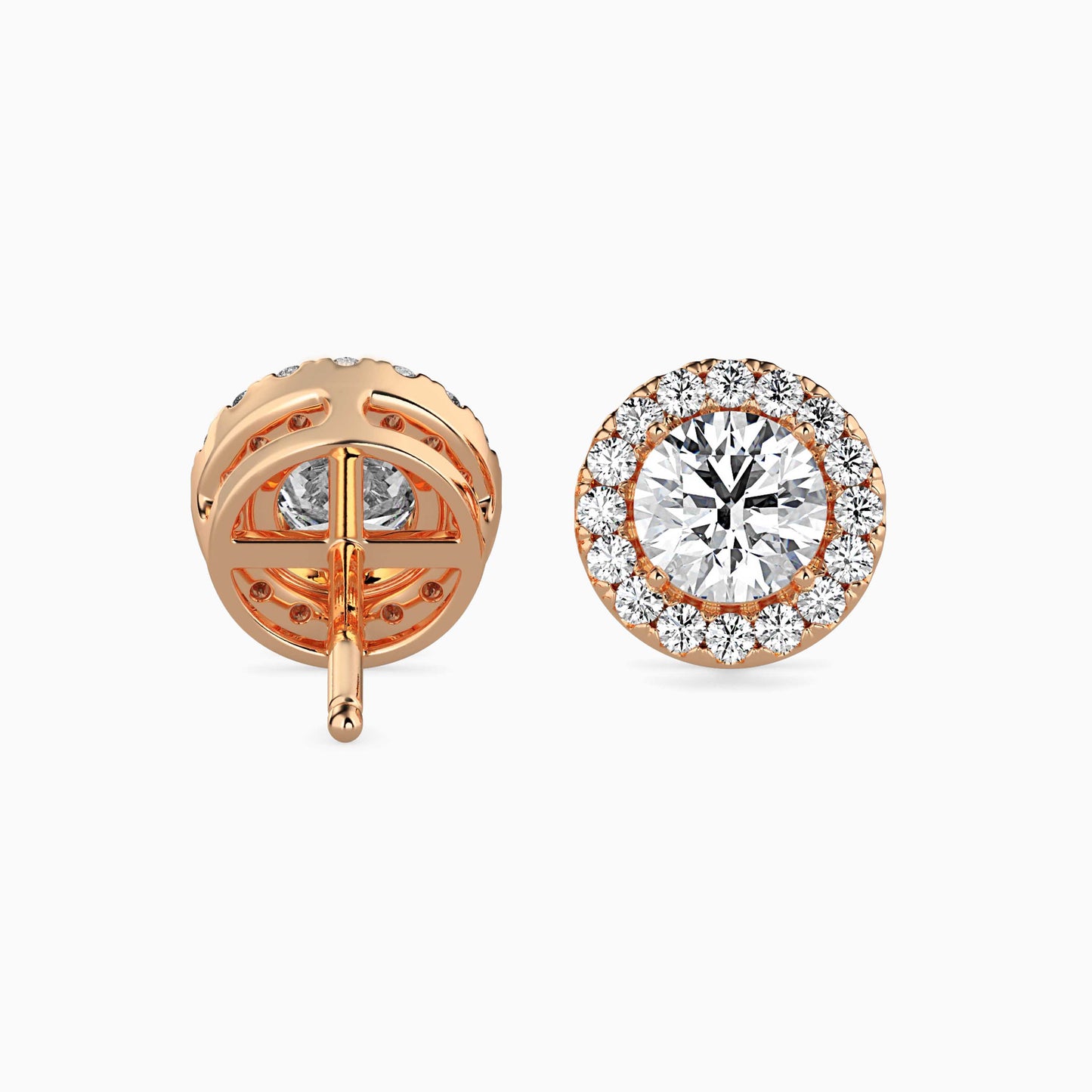 2 CT Round Cut Diamond Halo Stud Earrings (1CT Each) in 14K Gold, IGI Certified