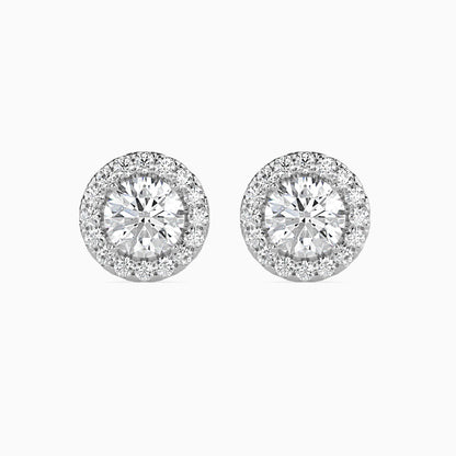 2 CT Round Cut Diamond Halo Stud Earrings (1CT Each) in 14K Gold, IGI Certified