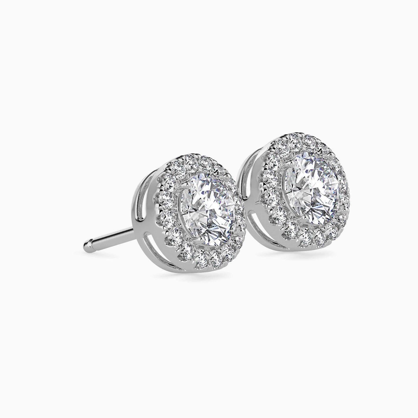 2 CT Round Cut Diamond Halo Stud Earrings (1CT Each) in 14K Gold, IGI Certified
