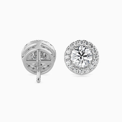 2 CT Round Cut Diamond Halo Stud Earrings (1CT Each) in 14K Gold, IGI Certified
