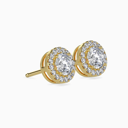 1.5 CT Round Cut Diamond Halo Stud Earrings (0.75 CT Each) in 14K Gold, IGI Certified