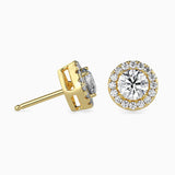 1 CT Round Cut Diamond Halo Stud Earrings (0.50 CT Each) in 14K Gold, IGI Certified