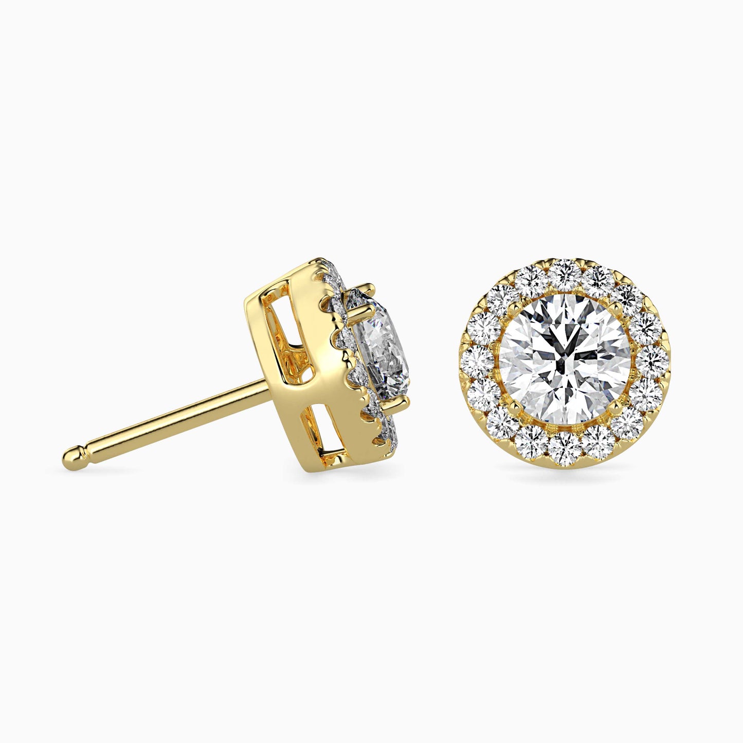 2 CT Round Cut Diamond Halo Stud Earrings (1CT Each) in 14K Gold, IGI Certified