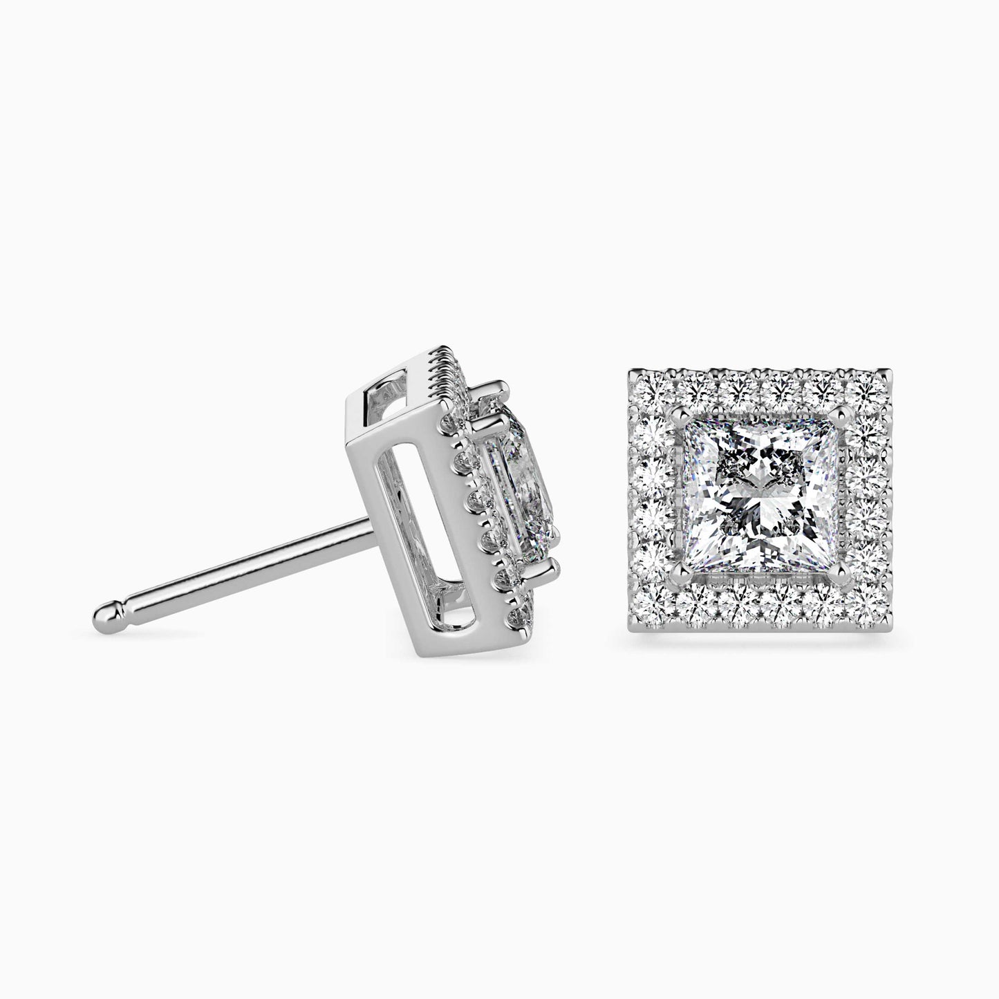 1.5 CT Princess Cut Diamond Halo Sidestone Stud Earrings (0.75 CT Each) in 14K Gold, IGI Certified