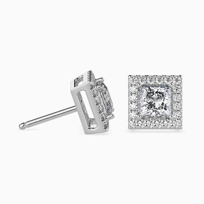 1.5 CT Princess Cut Diamond Halo Sidestone Stud Earrings (0.75 CT Each) in 14K Gold, IGI Certified