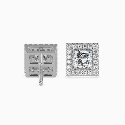 1.5 CT Princess Cut Diamond Halo Sidestone Stud Earrings (0.75 CT Each) in 14K Gold, IGI Certified