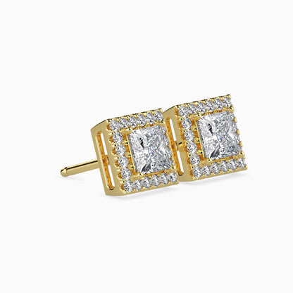 1 CT Lab Grown Princess Halo Sidestone Diamond Studs (0.50 CT Each) in 14K Gold, IGI Certified