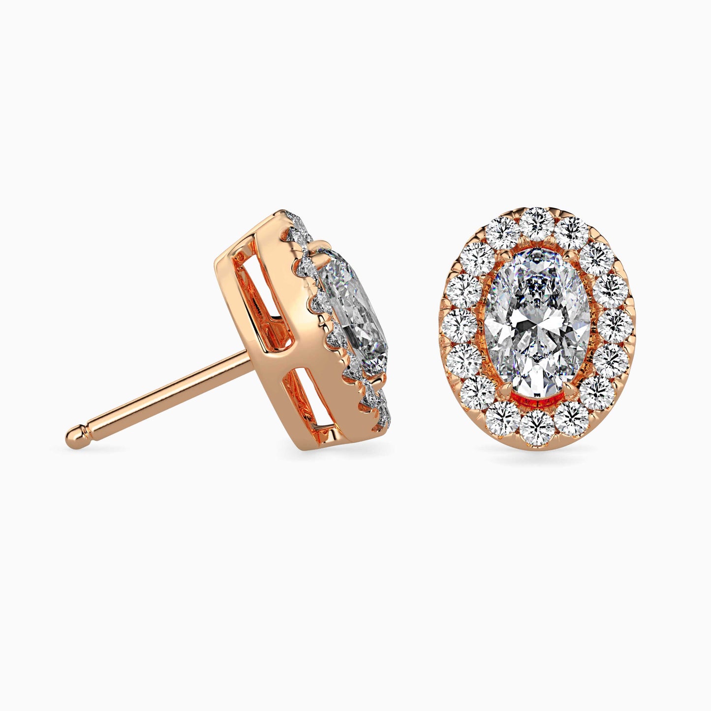 1 CT Lab Grown Oval Cut Diamond Halo Studs (0.50 CT Each) in 14K Gold, IGI Certified