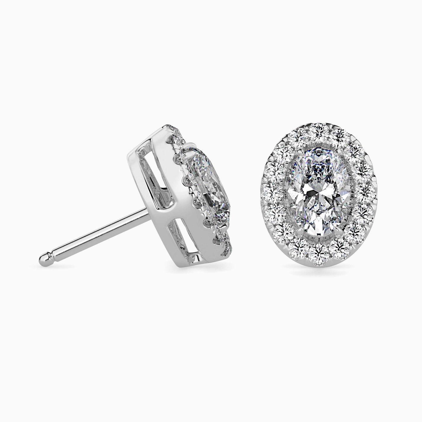 2 CT Lab Grown Oval Cut Diamond Halo Studs (1 CT Each) in 14K Gold, IGI Certified