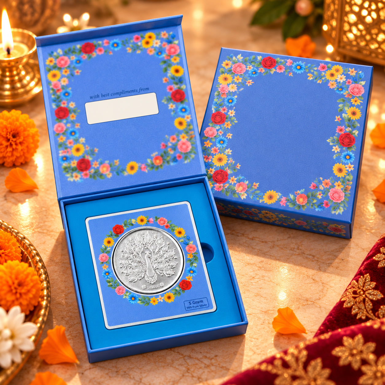 5 Gram 999 Pure Silver Peacock Coin | Premium Blue Floral Gift Box | Elegant Festive & Wedding Gift