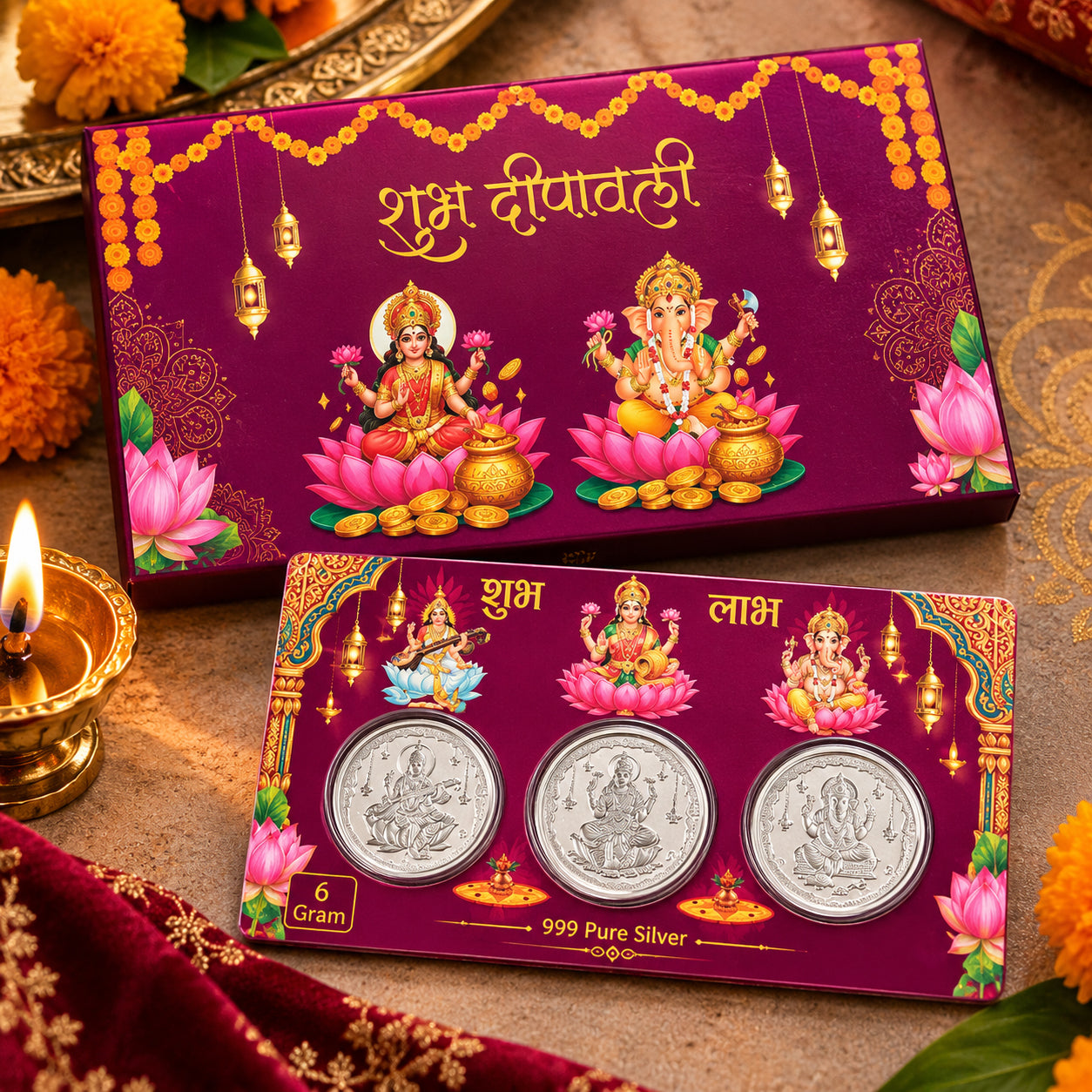 6 Gram 999 Pure Silver Trimurti Coin Gift Set | Lakshmi, Ganesha & Saraswati | Premium Festive Gift Box