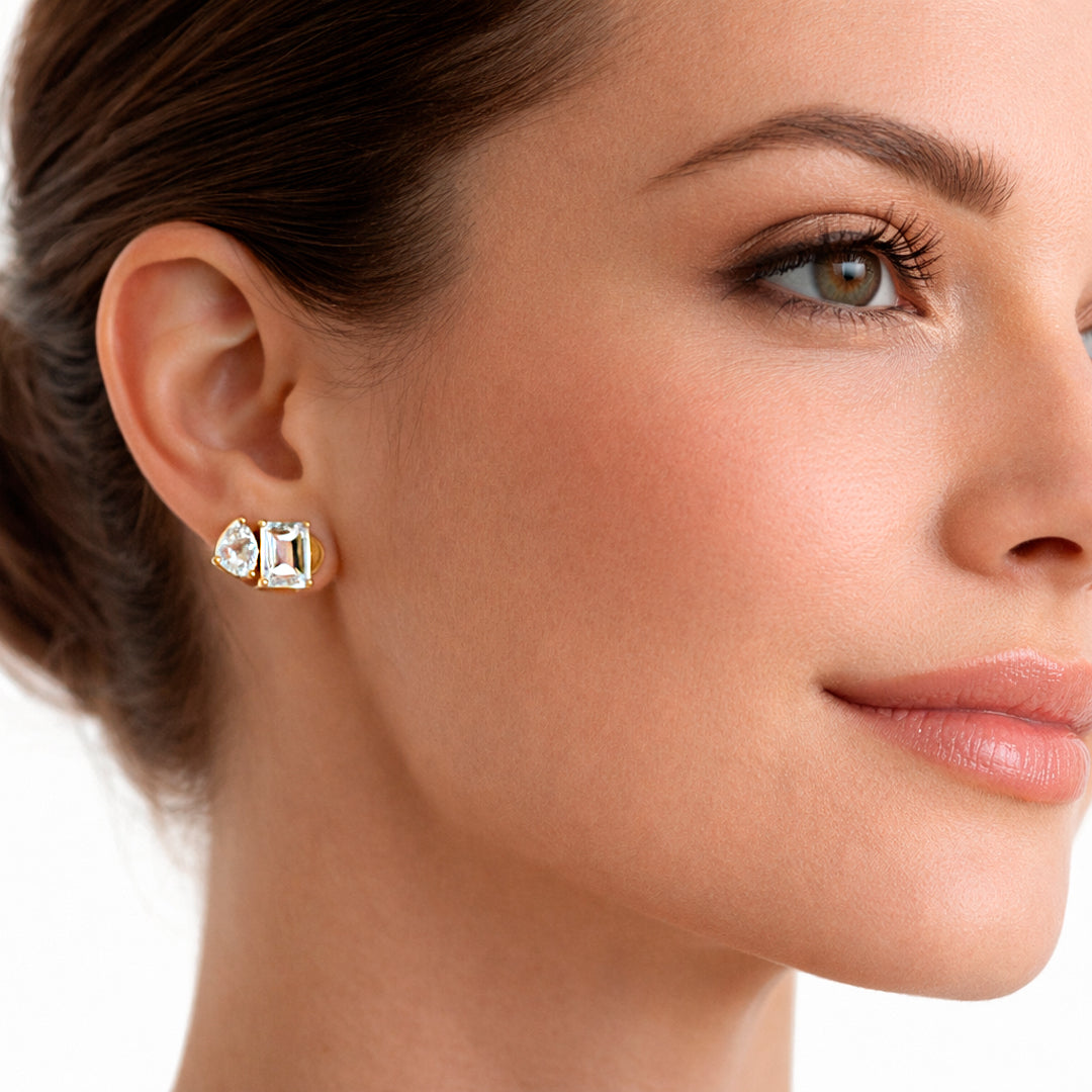 Pear and Emerald Cut Lab Diamond Stud Earrings in 18K Gold Plated – 1.50 Ct (0.75 Ct Each)