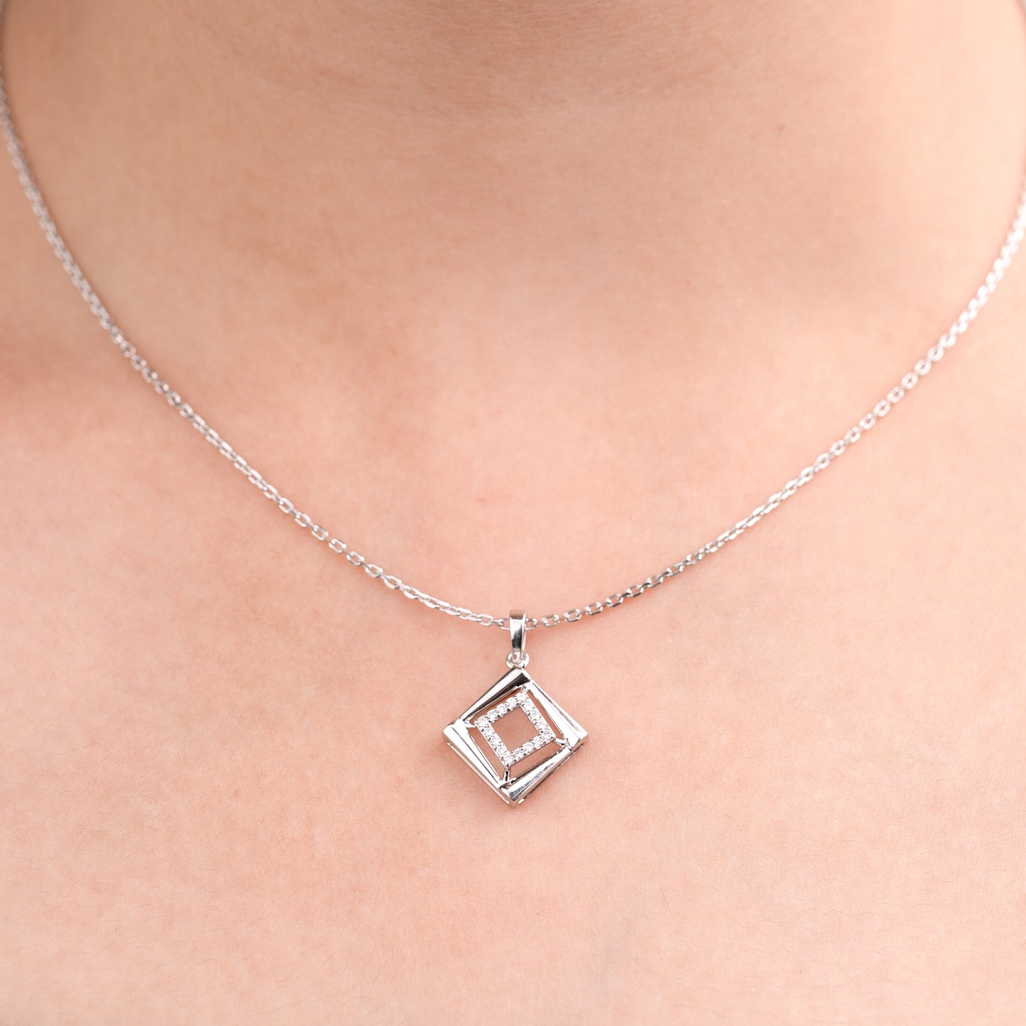 Lab Grown Diamond Square Pendant 0.17 CT in 925 Silvadium (Silver + Palladium), 3.12g – IGI Certified, Hallmarked, Elegant & Durable Everyday Jewelry with Lifetime Plating Warranty