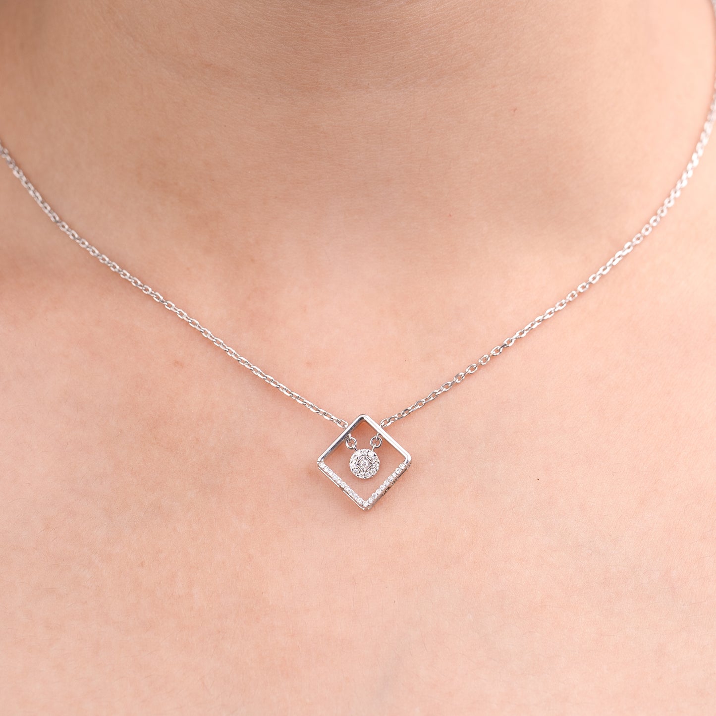 Floating Diamond Circle Pendant in Geometric Frame | 0.11 Ct | 2.8 g | 925 Silver & Palladium| IGI Certified & Hallmarked