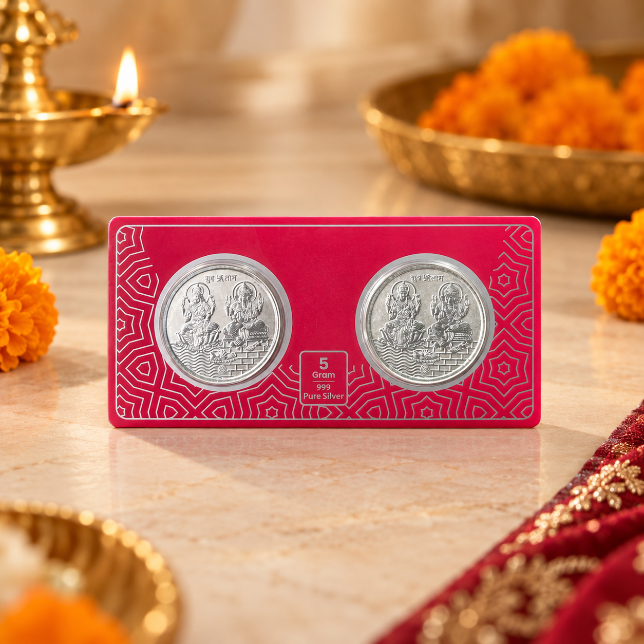 5 Gram 999 Pure Silver Lakshmi Ganesha Coin Set | 2 Silver Coins | Premium Red Floral Gift Box | Diwali & Wedding Gift