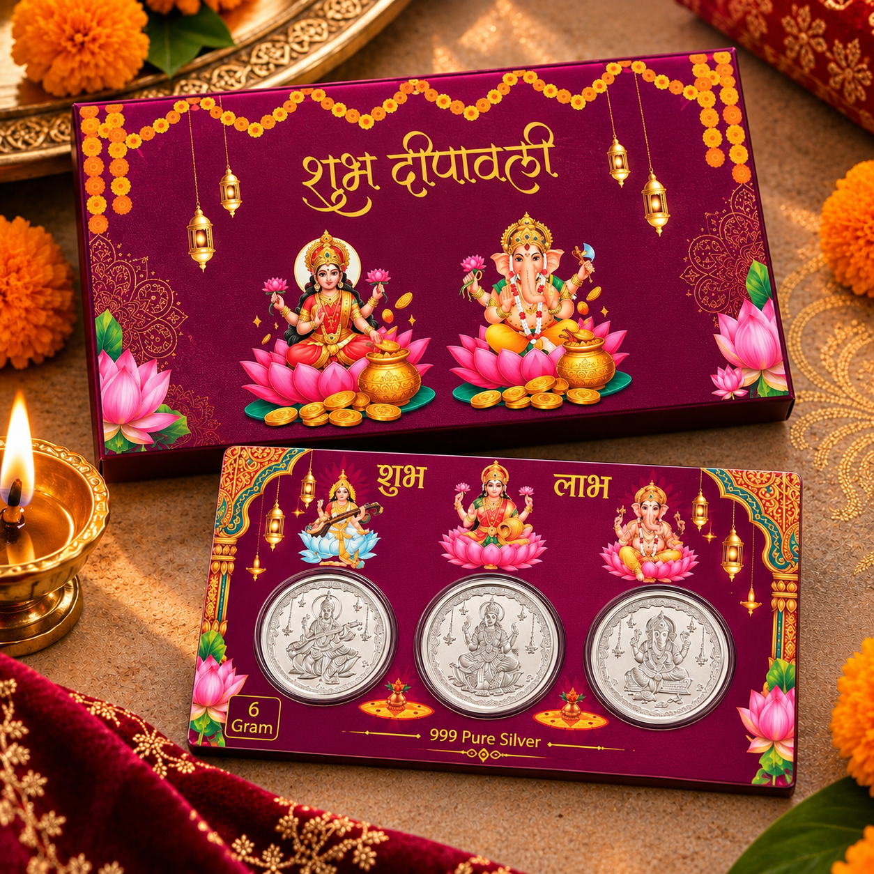 6 Gram 999 Pure Silver Trimurti Coin Gift Set | Lakshmi, Ganesha & Saraswati | Premium Festive Gift Box