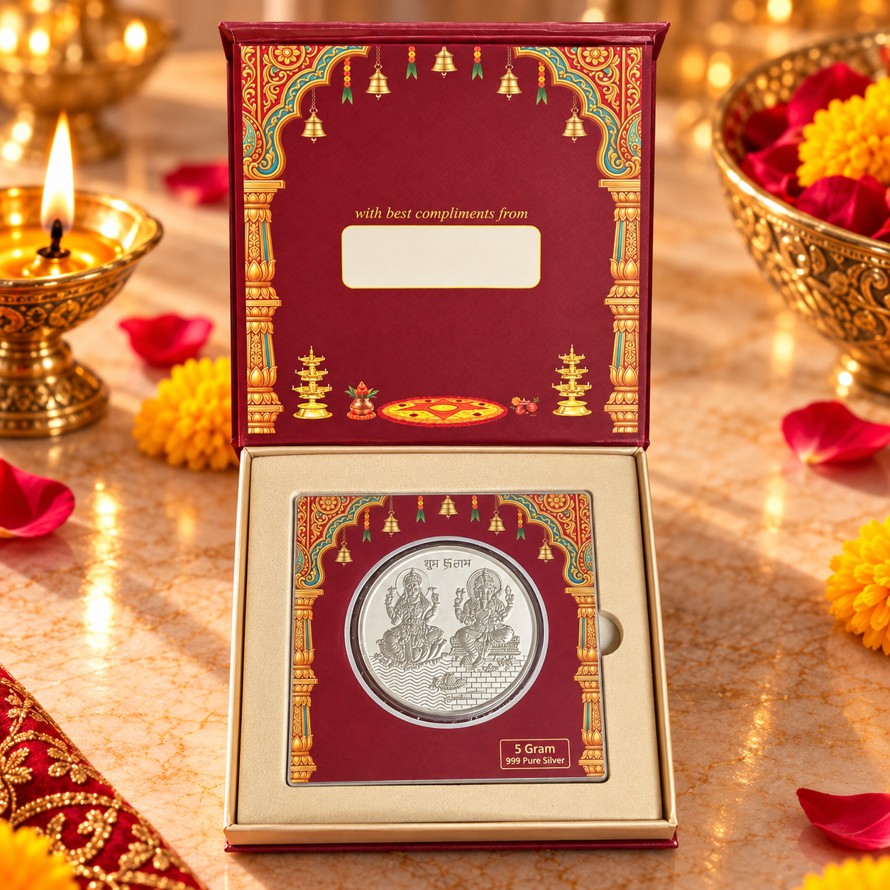 Lakshmi & Ganesha 5 Gram 999 Pure Silver Coin | Premium Diwali Gift Box