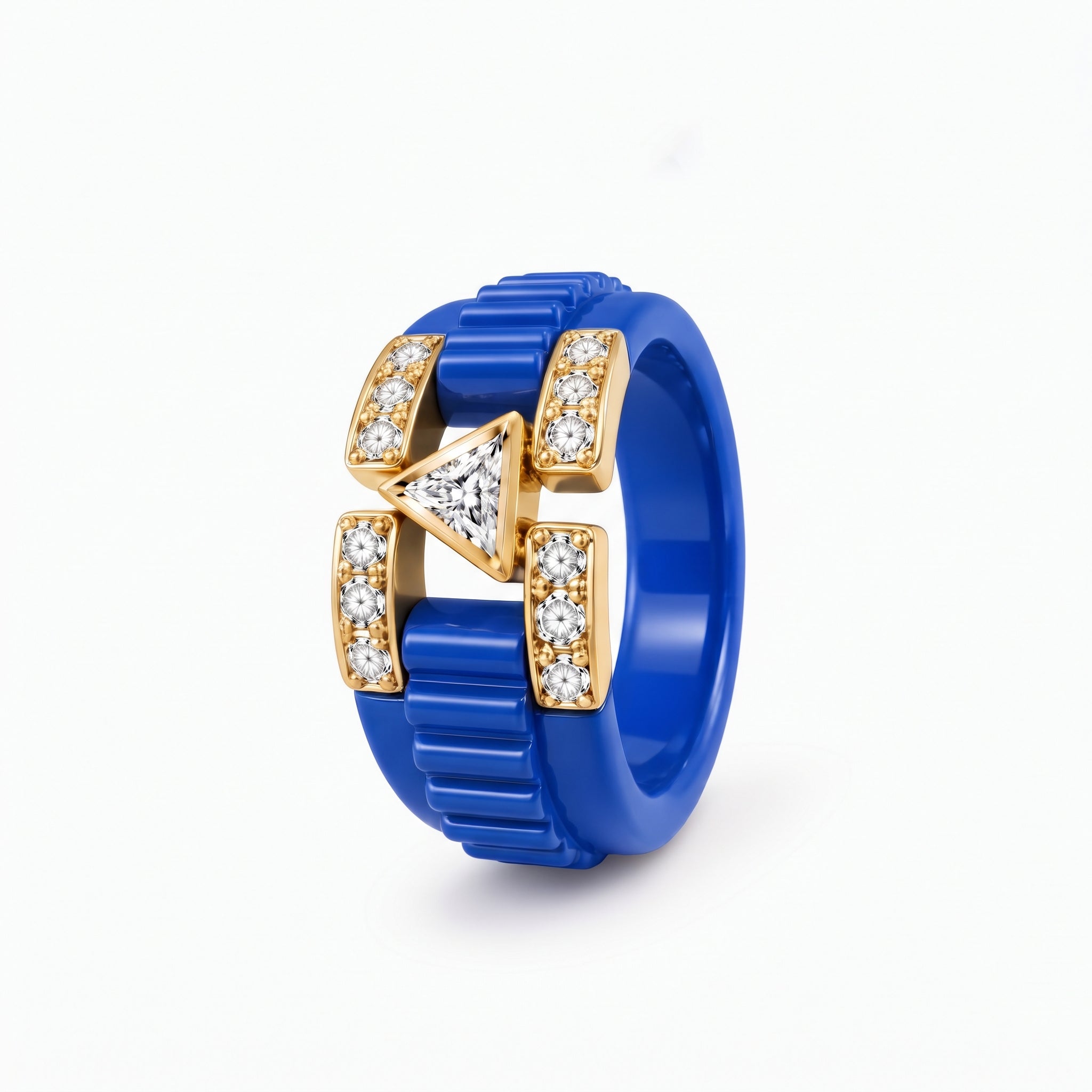 18KT Gold Vermeil Blue Enamel Lab-Grown Diamond Statement Ring with Gold-Tone Accents