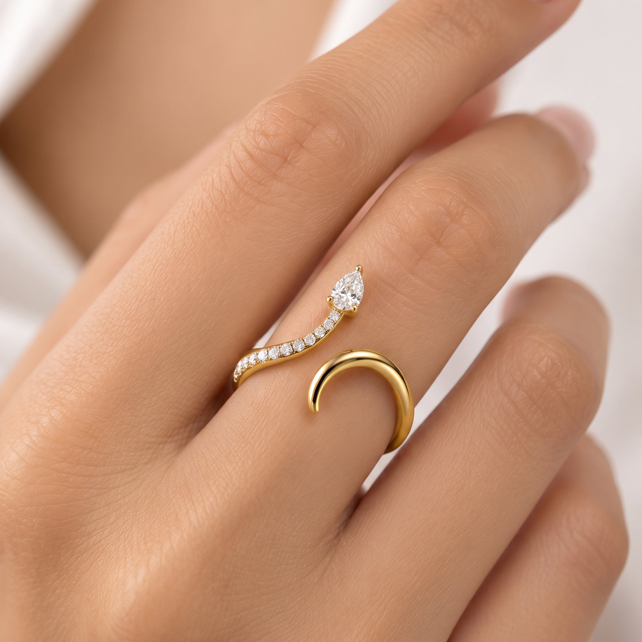 18KT Gold Vermeil Snake Design Pear-Cut Stone Open Ring
