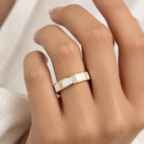 18KT Gold Vermeil Gold Band Ring with White Inlay and Diamond Accents