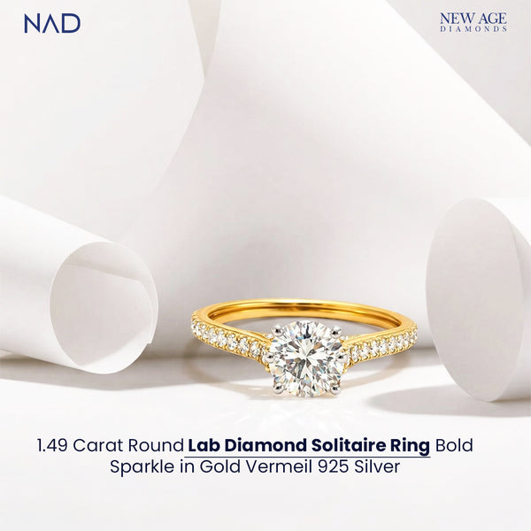 Round Solitaire Diamond Ring in Gold Vermeil 925 Silver