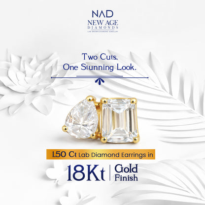 Pear and Emerald Cut Lab Diamond Stud Earrings in 18K Gold Plated – 1.50 Ct (0.75 Ct Each)
