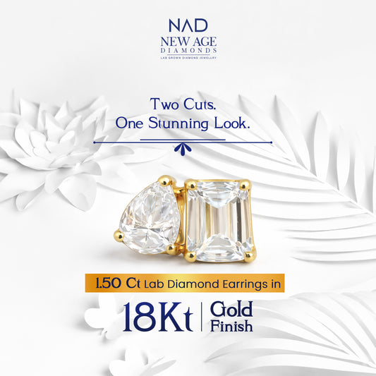 Pear and Emerald Cut Lab Diamond Stud Earrings in 18K Gold Plated – 1.50 Ct (0.75 Ct Each)