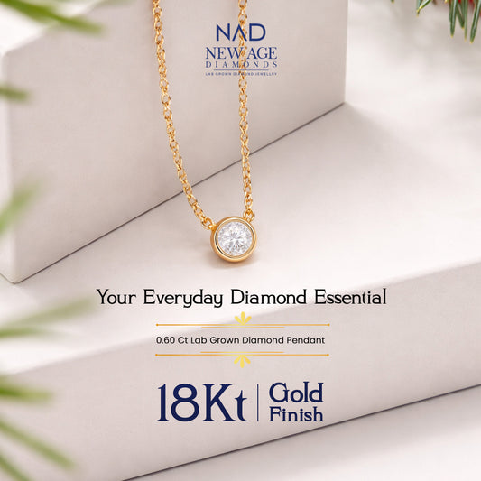 Classic Round Solitaire Lab Diamond Pendant with Chain – 18Kt Gold Finish, 0.60 Ct