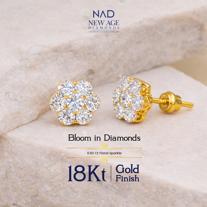 Floral Cluster Diamond Stud Earrings in 18Kt Gold Finish – 0.92 Ct