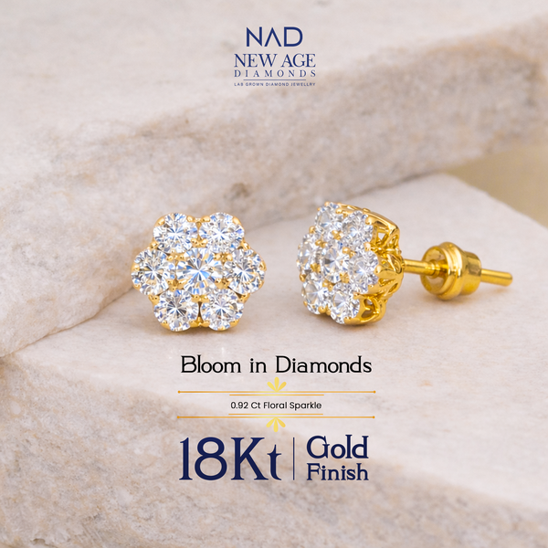 Floral Cluster Diamond Stud Earrings in 18Kt Gold Finish – 0.92 Ct