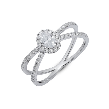 Lab Grown Diamond 0.65 CT IGI Certified Oval Halo Ring in 925 Silver with Palladium (Silvadium), 3.2g– Modern Double Band Design, Hallmarked & Certified