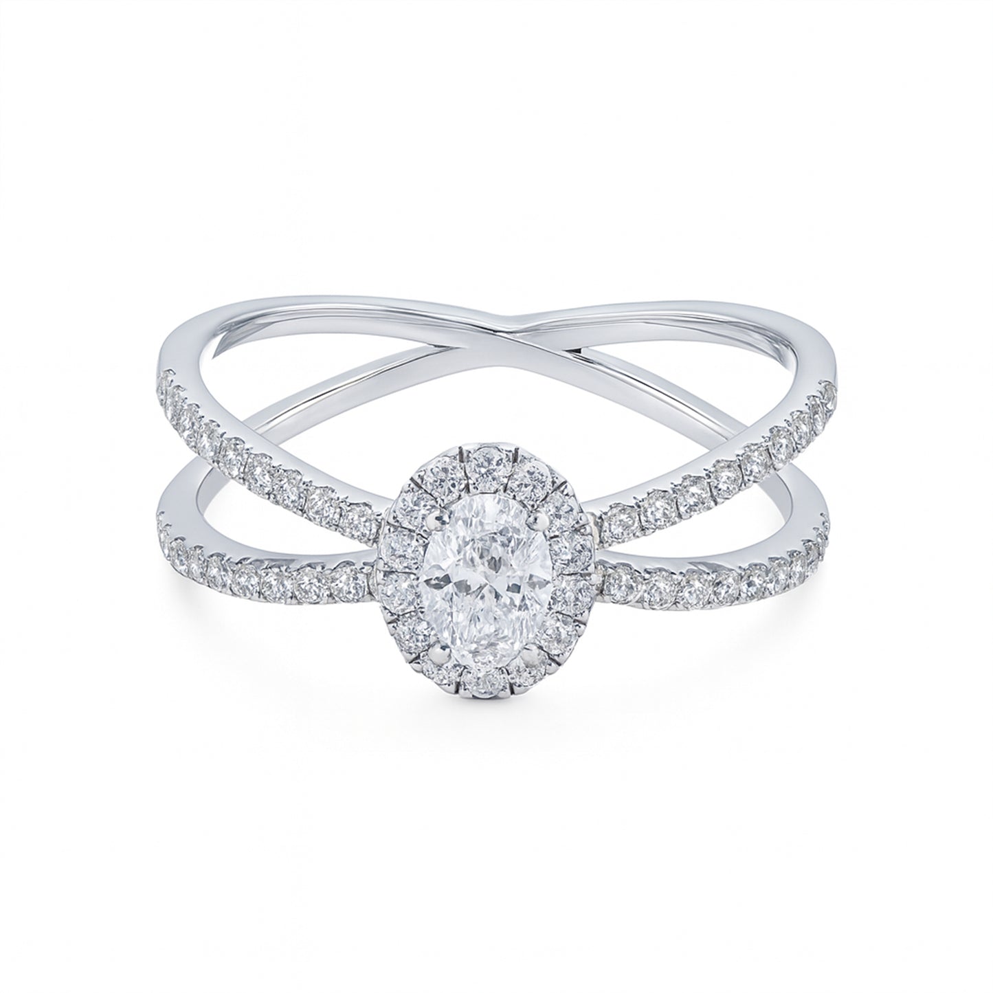 Lab Grown Diamond 0.65 CT IGI Certified Oval Halo Ring in 925 Silver with Palladium (Silvadium), 3.2g– Modern Double Band Design, Hallmarked & Certified