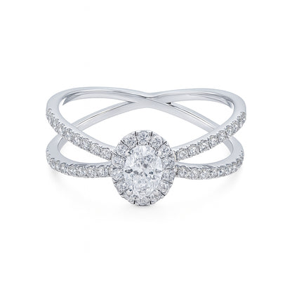 Lab Grown Diamond 0.65 CT IGI Certified Oval Halo Ring in 925 Silver with Palladium (Silvadium), 3.2g– Modern Double Band Design, Hallmarked & Certified