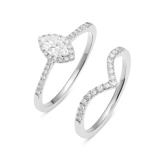 Lab Grown DIamond Marquise Cut Diamond Ring Set with Matching Band | 0.78 Ct, VS1, 3.10 gm | 925 Sterling Silver + Palladium | Women’s Engagement & Wedding Ring Set